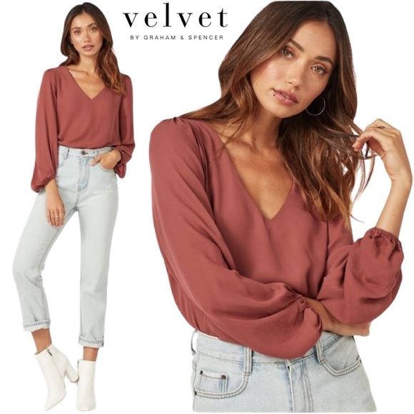 Velvet By Graham & Spencer Blouse Balloon Sleeves Made in USA Top Career Satin - Picture 1 of 6